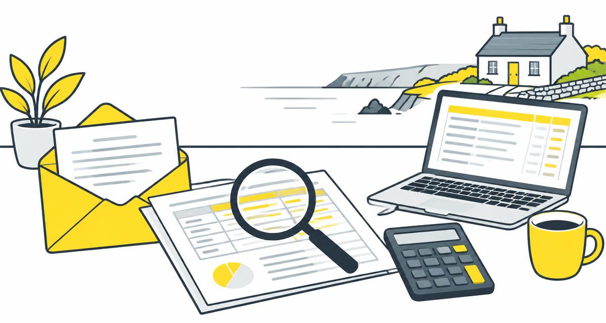 Illustration of an opened tax letter, magnifying glass, bookkeeping records and laptop beside a Cornish coastal cottage