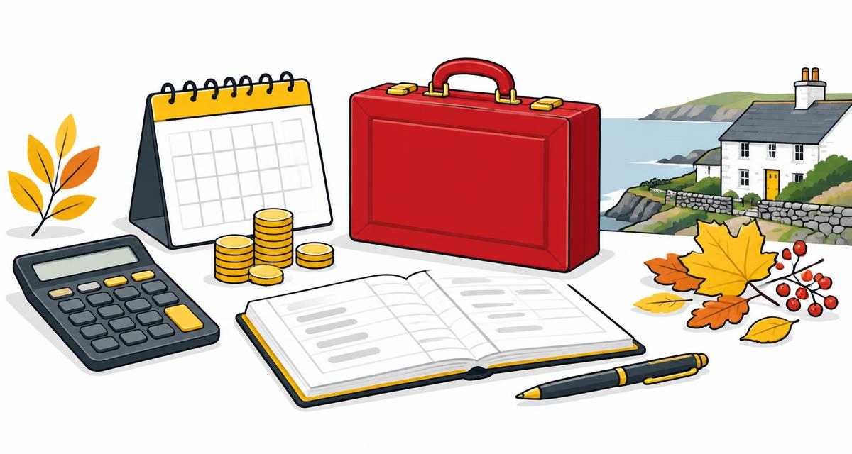 Illustration of a red Budget briefcase, calculator, calendar and business records beside a Cornish coastal cottage and autumn leaves